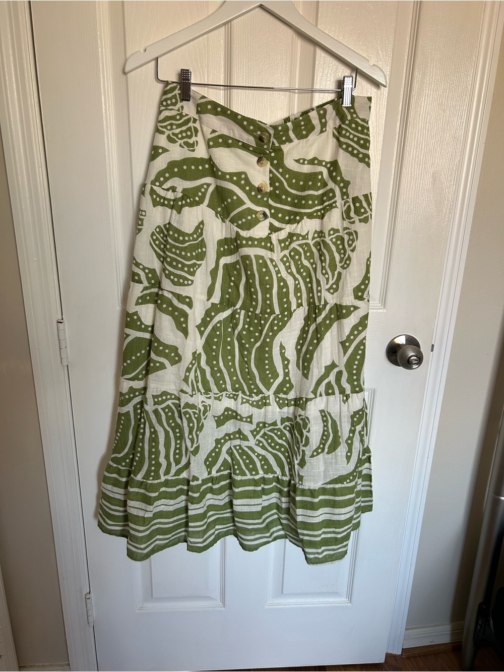 Button-Front Green Patterned Tiered Maxi Skirt